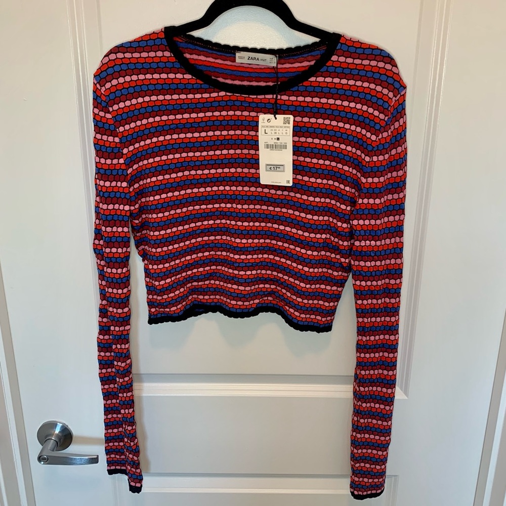 Zara Crop Multicolored Striped Long Sleeve Knit Blouse L